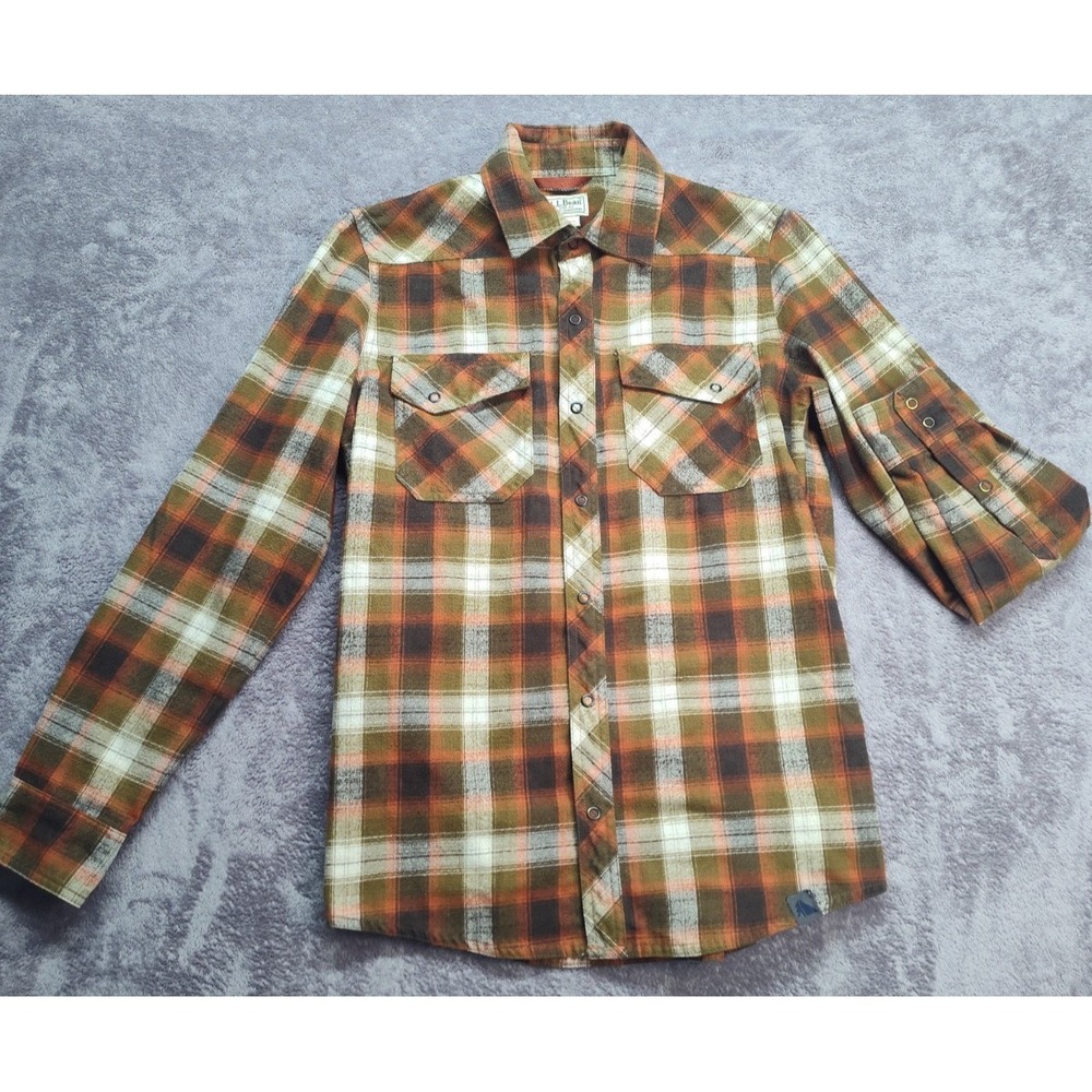 L.L. Bean flannel snap small regular plaid elbow patches outdoor camp work farm